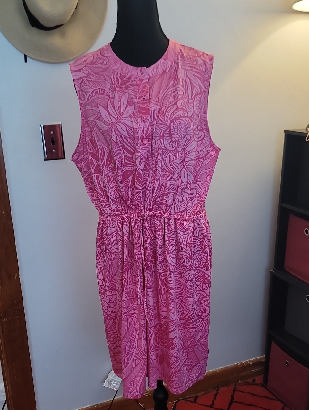 Stella Parker Sleeveless Pink Botanical-Print Drawstring-Waist Dress size Xlarge